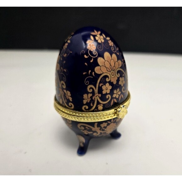 Cobalt Blue Egg Trinket Box Footed Porcelain Hinged Lid Floral Design Vintage 3" - Picture 6 of 15